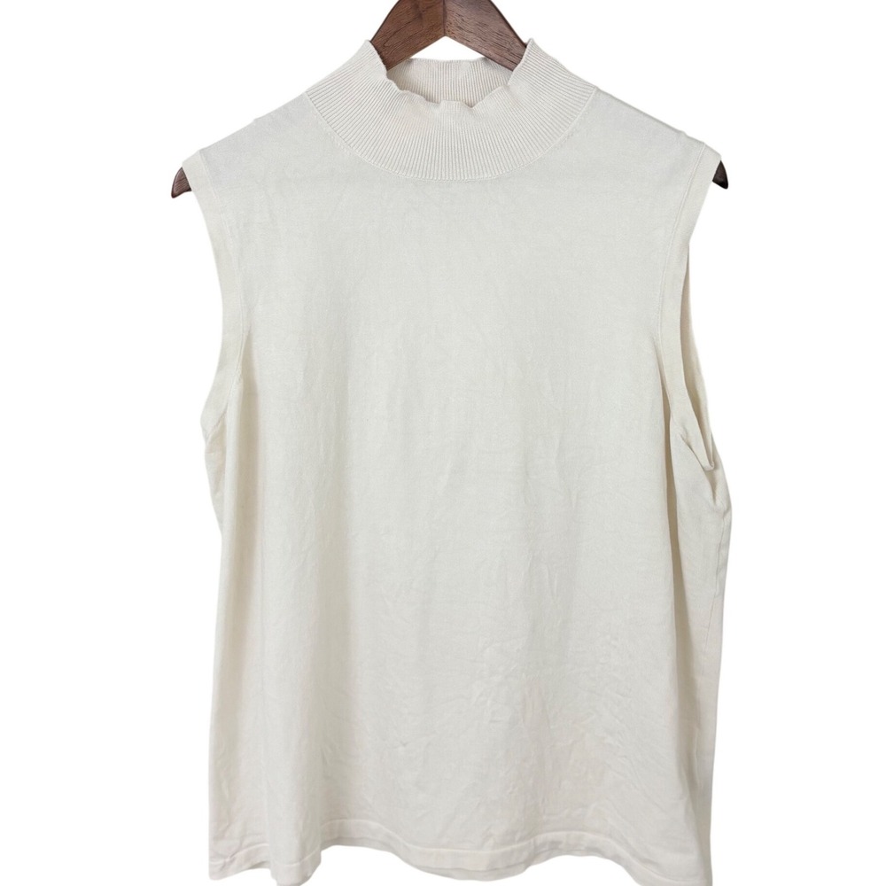 Josephine Chaus Knit Top Women 2X Cream Silk Mock Neck Sleeveless Quiet Luxury